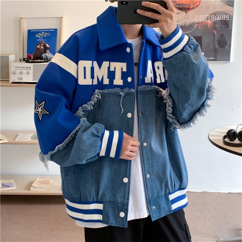 美式潮牌设计感小众拼接毛呢牛仔外套男秋冬潮流情侣慵懒风棒球服，女装职业装，星座505-2（原电商A260-1)