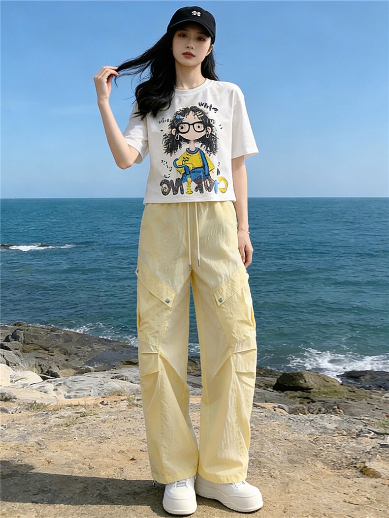 甜美时尚休闲套装女夏季新款圆领卡通印花T恤宽松工装长裤两件套,女装套装/套裙,江南
