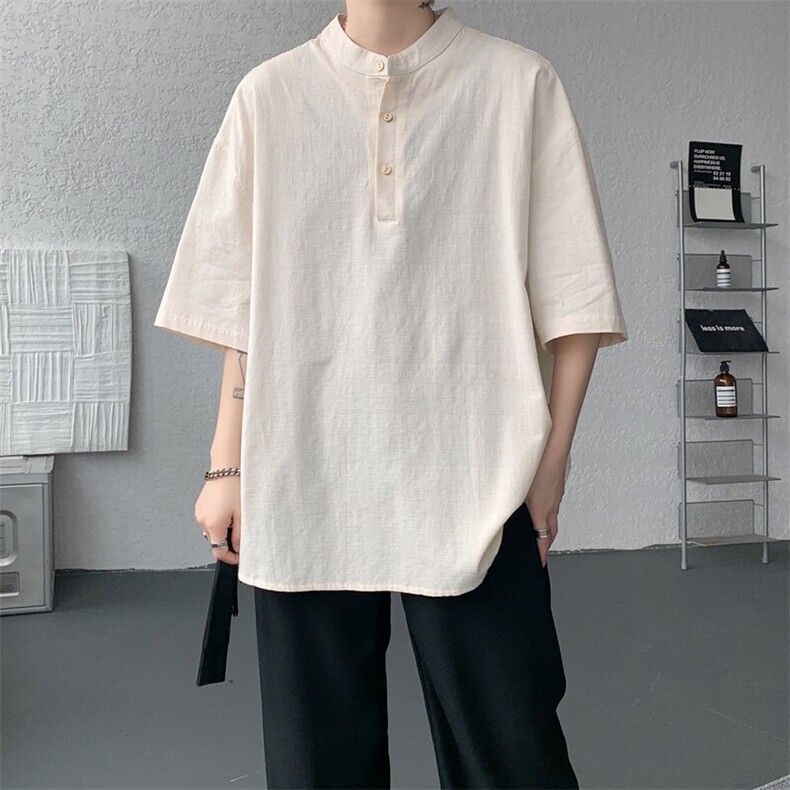 8XL-M中式立领棉麻T恤特大码亨利领亚麻短袖polo衫半袖DX1210/P45,男装T恤,电商B238