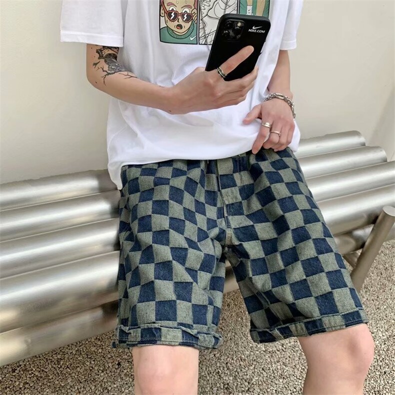 夏季格子设计感牛仔短裤潮港风宽松直筒松紧带五分裤男GD35-P39,男装牛仔裤,星座1008
