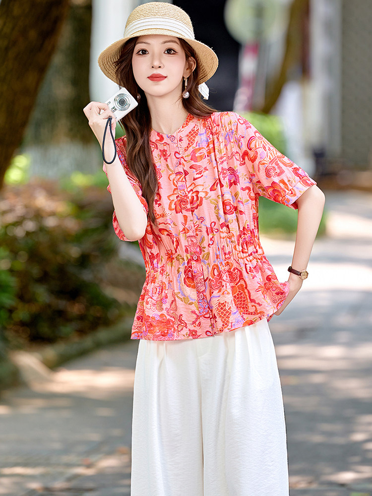 时尚休闲棉麻套装女2025夏新款复古印花褶皱收腰衬衫阔腿裤两件套,女装套装/套裙,恋慕依尚