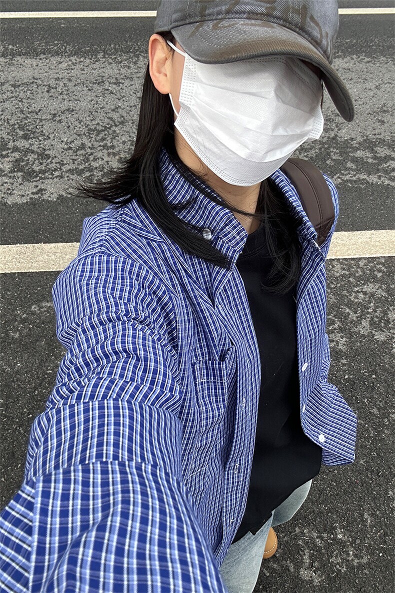 格子衬衫春夏美式蓝色格子衬衫港风情侣装休闲长袖衬衣CS276-P35,男装衬衫,星座301C-5