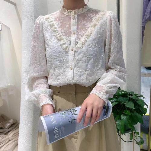 特定刺绣花甜美风衬衣，女装，麦筱萌