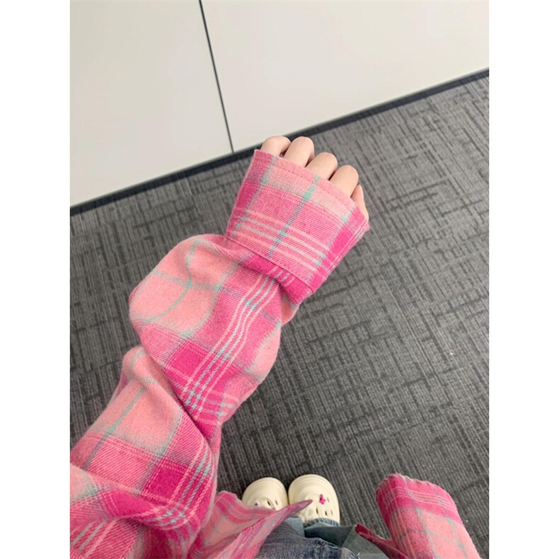 粉色格子衬衫男破坏长袖衬衣美式复古青少年高街外套CS001,男装衬衫,星座1116A（原606A-3）