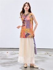 夏季新款现货！2026新中式奥黛款旗袍盘扣开叉+流光阔腿裤两件套，女装套装/套裙，宝儿家