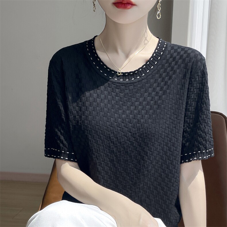 法式圆领冰丝针织短袖T恤女2025夏薄透气宽松显瘦上衣半袖t恤衫,女装T恤,凯思米羊绒