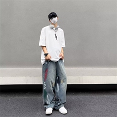 水洗破洞牛仔裤男设计感宽松阔腿直筒裤美式vibe长裤子N90339-P45，男装牛仔裤，星座1008