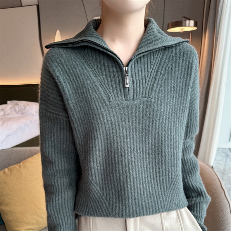 半开领拉链100%纯羊毛衫女翻领加厚提花针织毛衣宽松慵懒风羊绒衫,女装羊毛衫,迅太羊绒