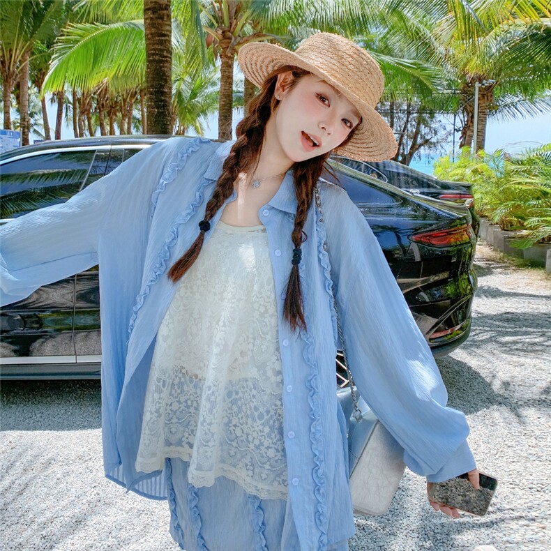 韩系设计感气质花边防晒衬衫短裙女装夏季新款时尚百搭一整套穿搭,女装防晒衣,2C058