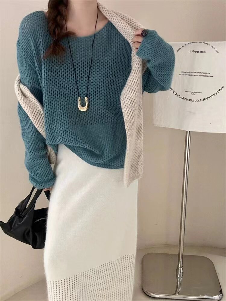 秋冬新款宽松显瘦条纹针织衫女长袖百搭时尚毛衣外套,针织衫/毛衣,半城羊绒