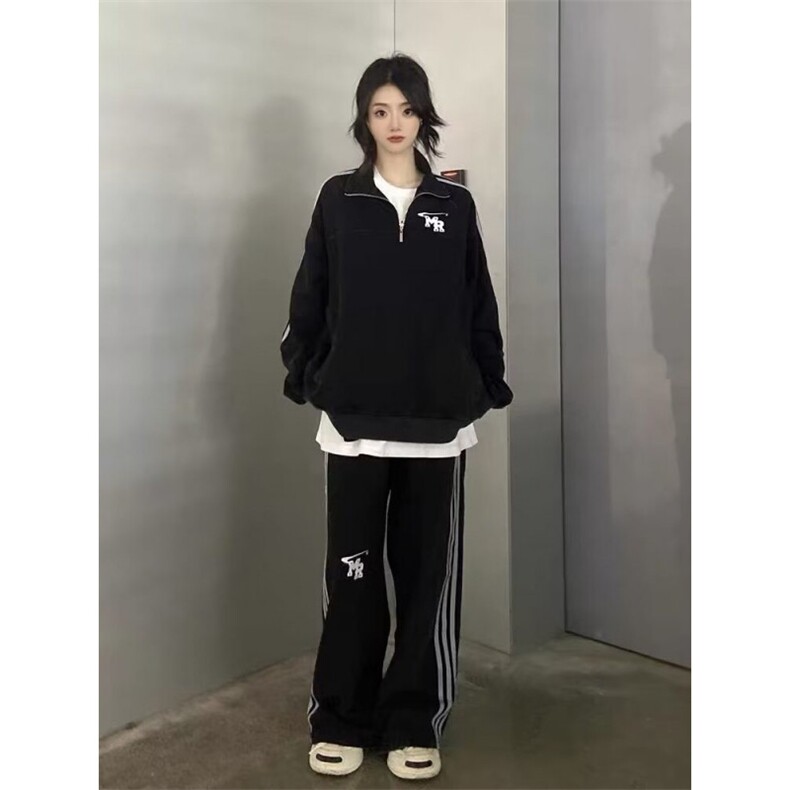 美式炸街休闲运动服套装上衣女学生春秋宽松立领半拉链卫衣图片