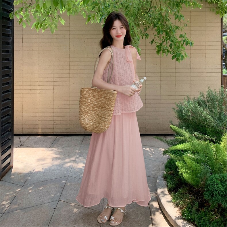 时尚套装连衣裙复古无袖显瘦气质甜美长裙吊带裙背心夏季法式收腰图片