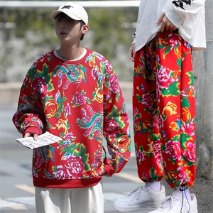B204套装秋冬男女加绒保暖防寒东北大花卫衣卫裤套装团队服风图片