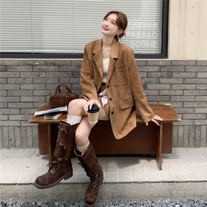 美拉德复古麂皮绒西装外套短裙套装两件套女2025早秋季美式休闲风图片