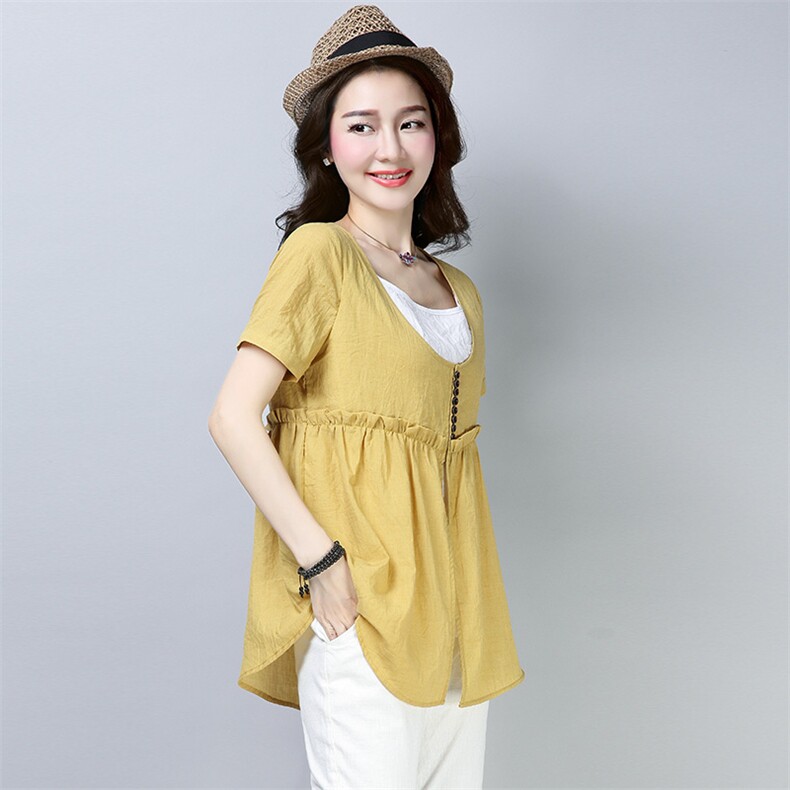 舒适百搭纯色韩版短袖宽松简约中长款假两件套2025年夏季图片