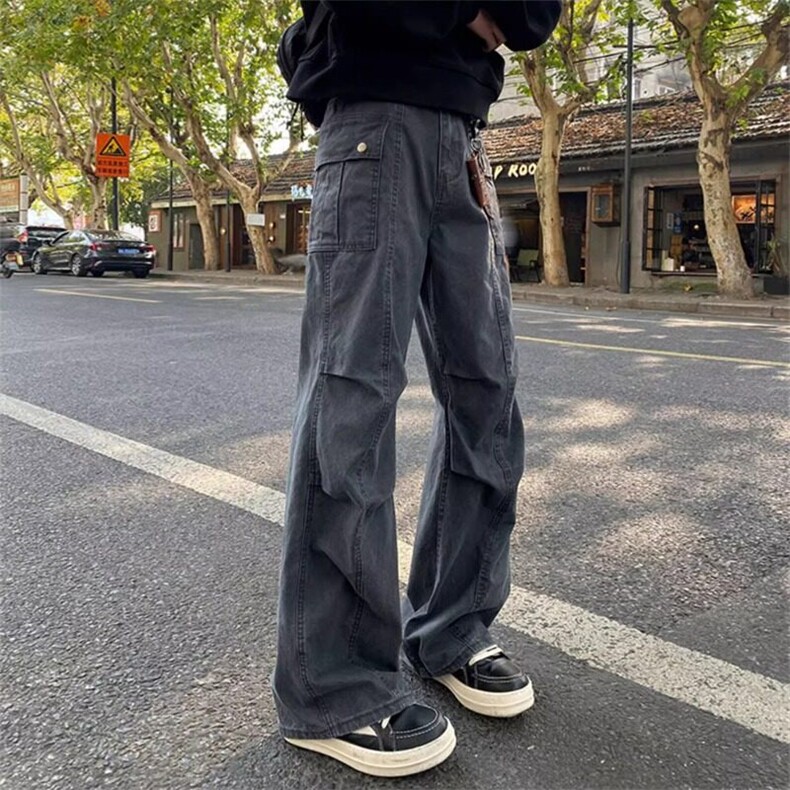 美式高街褶皱设计感工装牛仔裤男款春秋季潮流休闲宽松直筒长裤子,男装休闲裤,星座506A