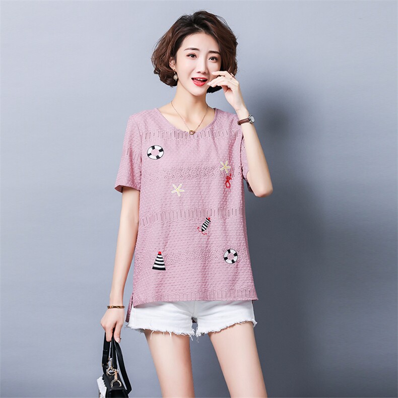 圆领镂空绣花T恤短袖短款直筒2021年夏季时尚百搭套头，女装T恤，独衣靓
