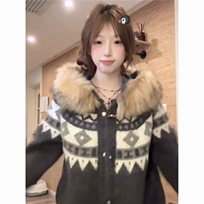 美式复古费尔岛连帽可拆卸毛领毛衣秋新款男女百搭宽松帽衫MYM43，男装针织衫/毛衣，星座516A