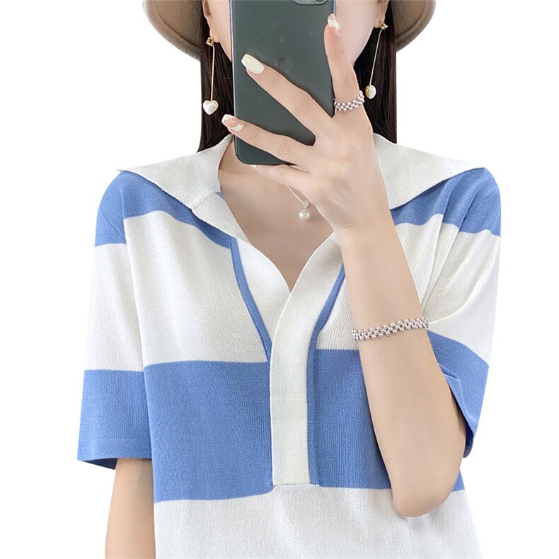 冰丝透气Polo领中袖针织衫女套头五分袖上衣2025夏秋新款半袖T恤,女装T恤,秋虹羊绒