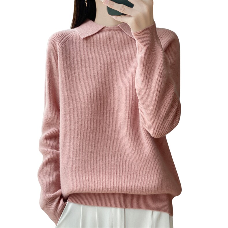 翻领100%纯羊毛衫针织长袖毛衣女秋冬宽松加厚纯色羊绒衫上衣打底,针织衫/毛衣,忠诺羊绒