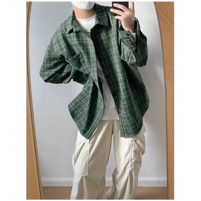 日系格子工装衬衫男通勤港味休闲长袖衬衣潮流外套1008-LC219-p50,男装衬衫,星座1008