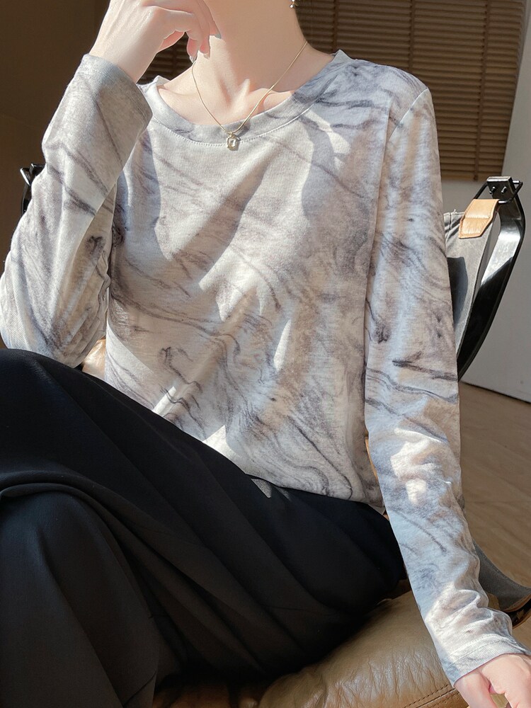 花色圆领新款针织女长袖简约百搭宽松套头上衣,针织衫/毛衣,绒宛羊绒