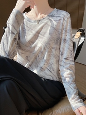 花色圆领新款针织女长袖简约百搭宽松套头上衣，女装针织衫/毛衣，绒宛羊绒