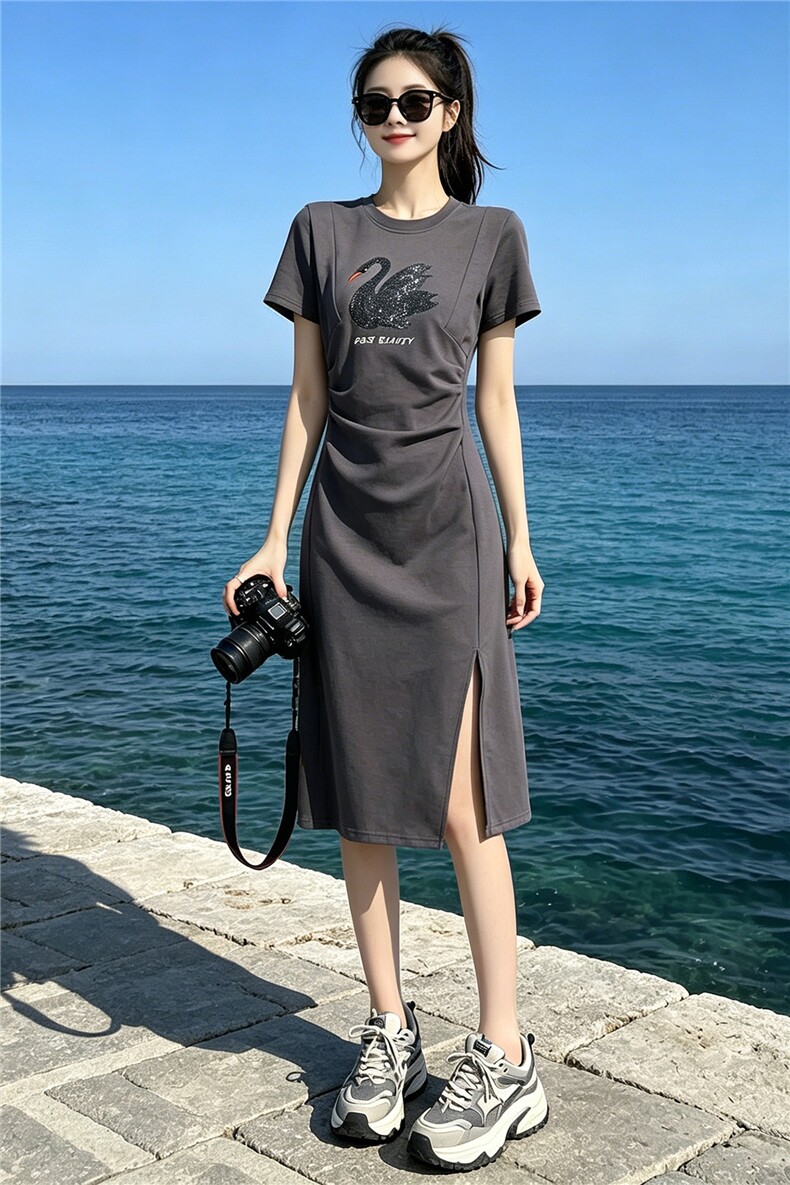 韩版时尚减龄连衣裙女夏款褶皱修身天鹅亮片开叉中长款灰色A字裙,女装连衣裙,江南