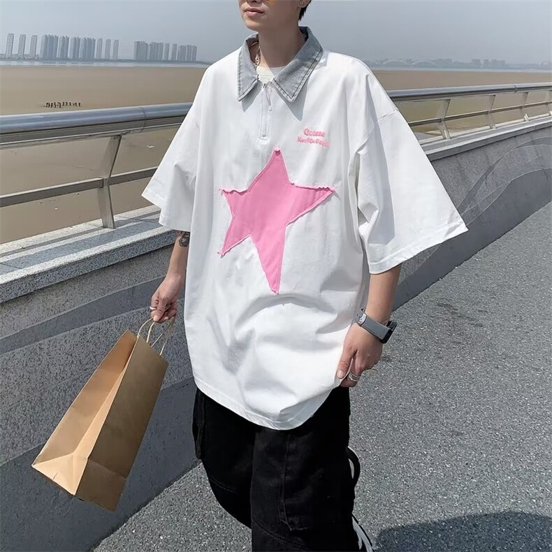 POLO衫潮百搭2023文艺五分袖原宿夏季纯色男新款T恤WB050-P35,男装T恤,星座412