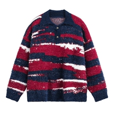 2026春季条纹仿貂毛polo领针织毛衣女秋美式设计感宽松慵懒上衣，男装针织衫/毛衣，星座715-4