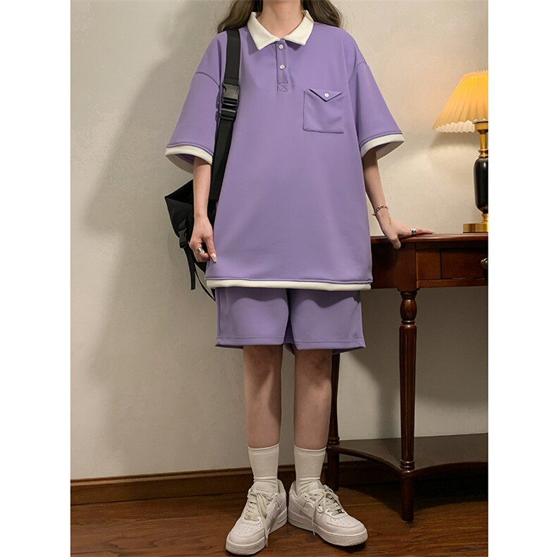 翻领短袖短裤套装夏季宽松Polo衫潮牌半袖t恤两件套225-2-20305,男装Polo衫,星座225-2