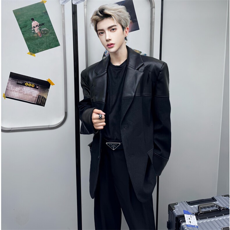 (图现货）pu皮牛仔拼接小众西服秋冬季廓形外套2622-P115,男装西服,星座910-5