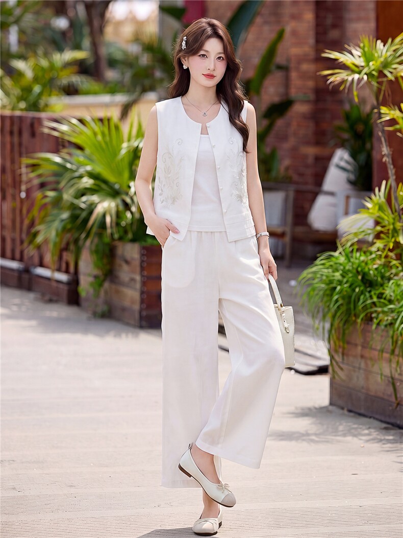 现货重工艺套装2026年夏季新款女装时尚气质无袖马甲阔腿裤两件套,女装套装/套裙,韩美纤衣