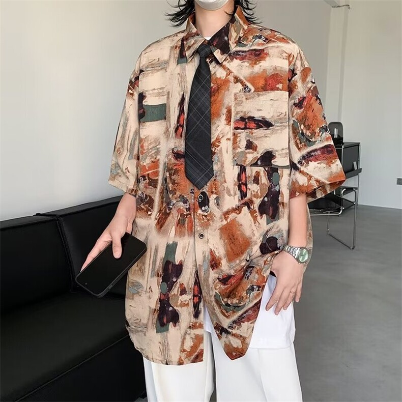 冰丝短袖花衬衫新中式上衣服港风薄款外套复古 C446图片