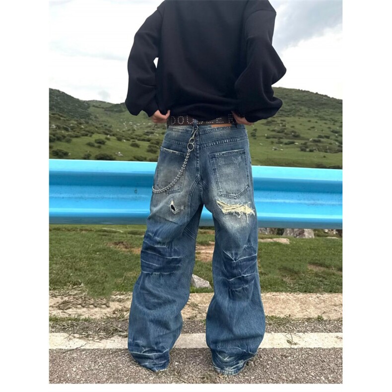 1506/QB2260/P62美式水洗做旧破洞补丁牛仔裤男春秋潮牌宽松直筒,男装牛仔裤,星座1506