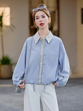 条纹拼接假两件衬衫薄外套女2025春夏新款宽松休闲百搭防晒衣上衣，女装衬衫，余墨