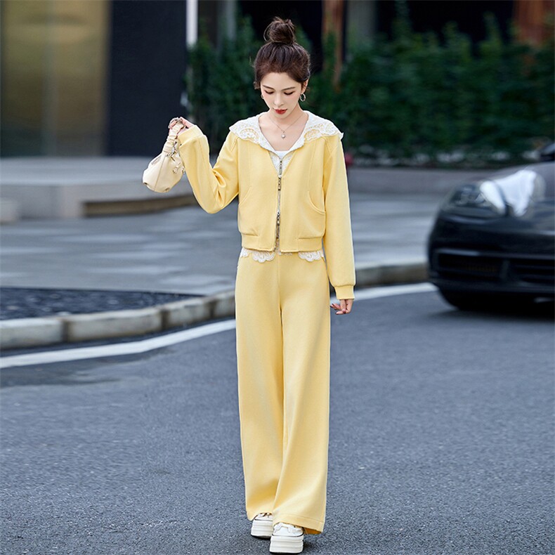 蕾丝连帽休闲运动套装女春秋2024新款小个子穿搭卫衣阔腿裤两件套,女装套装/套裙,梦依杭