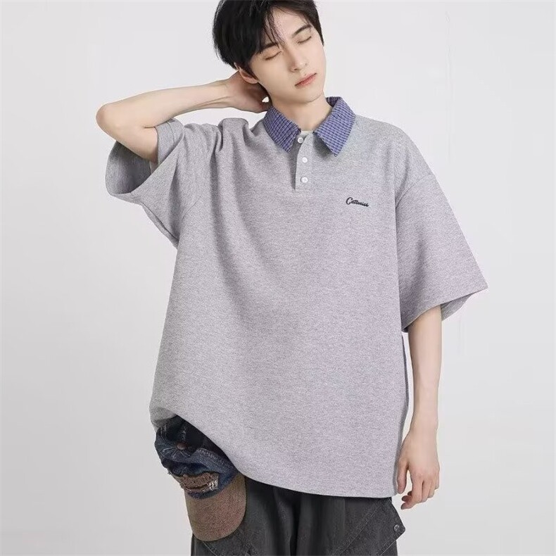ins日系假两件POLO领格子上衣男女新款夏季半袖宽松上衣短袖t恤衫,男装T恤,星座506A