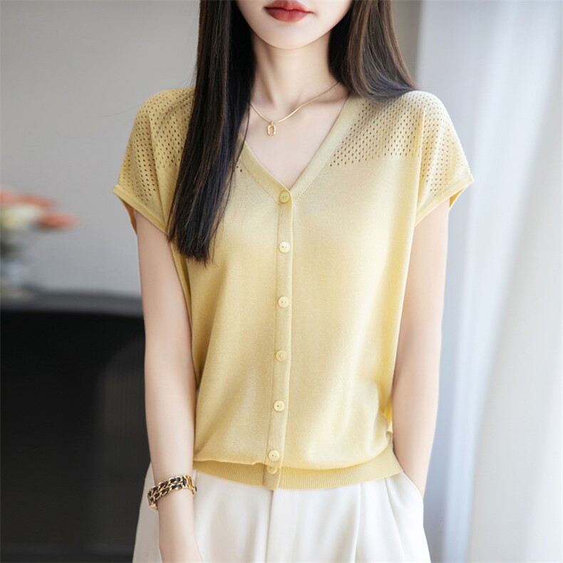 夏季新款14针天丝V领镂空开衫女修身显瘦百搭时尚休闲上衣,女装T恤,贵皇网供仓