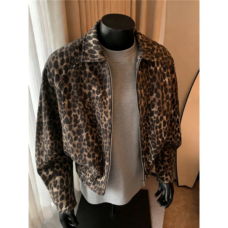 美式豹纹牛仔夹克男女春秋垫肩小众欧美翻领设计感短款宽松外套潮，男装夹克，星座410-6（原星座1304-1）
