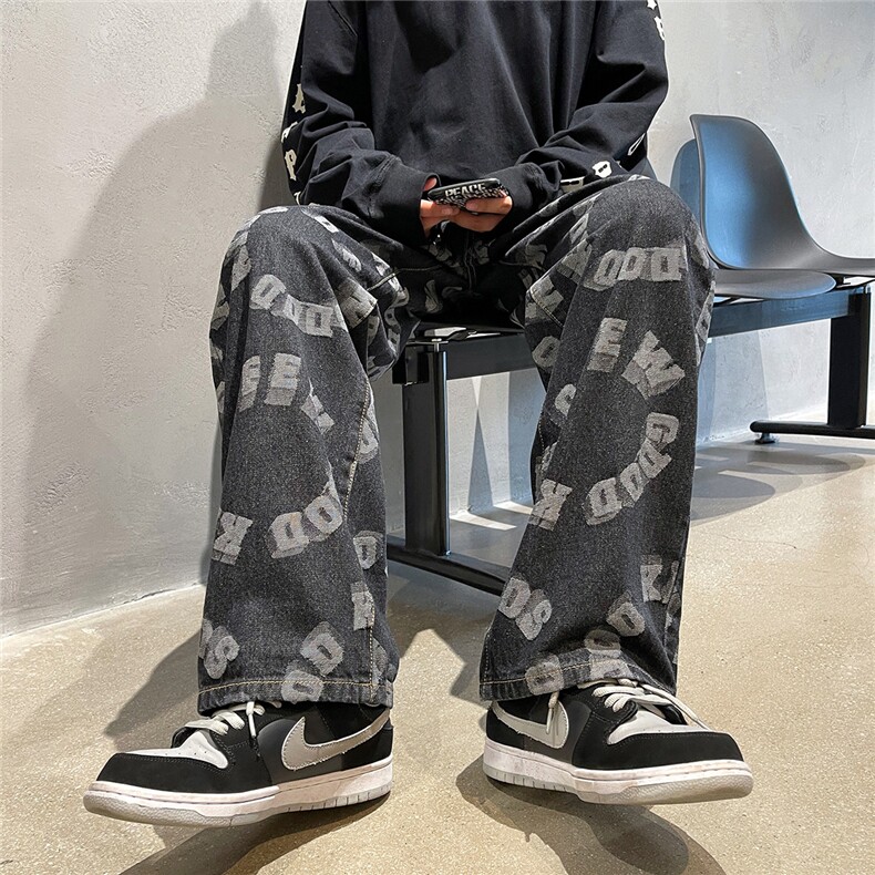 推荐！港风宽松潮流直筒牛仔长裤男女B377-N679-P4558，男装休闲裤，电商B377