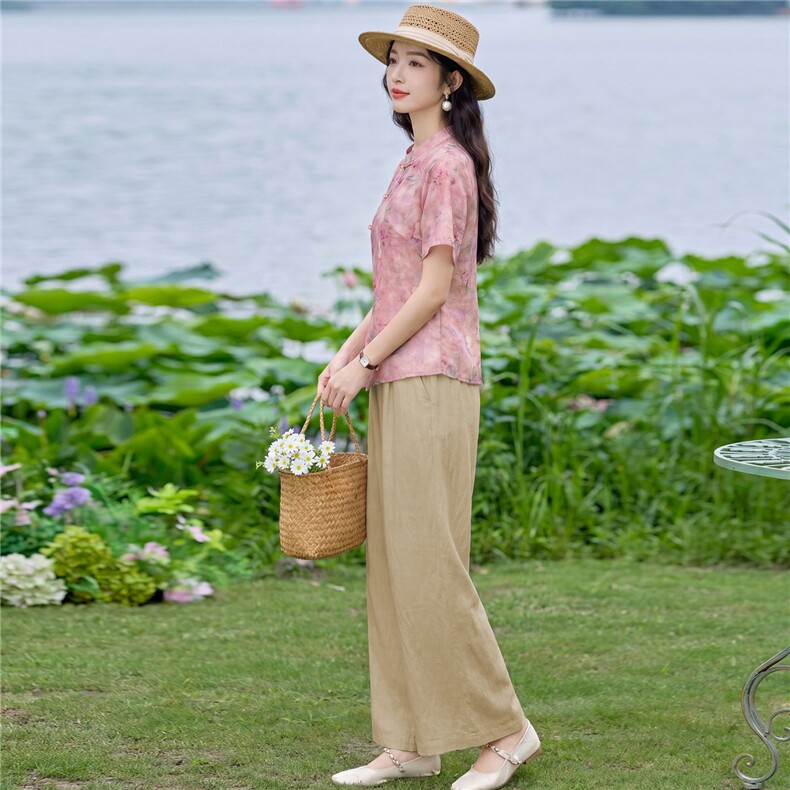 现货2026年夏季新款中式时尚两件套装女小衬衫T恤加天丝麻阔腿裤,女装套装/套裙,璐依舞