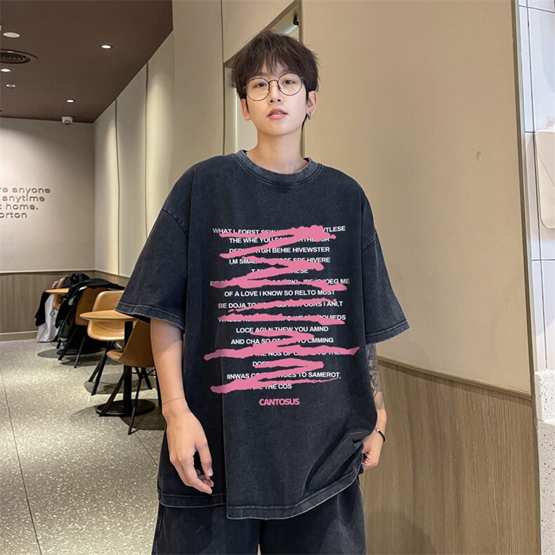 美式复古短袖T恤男夏季潮牌涂鸦字母印花半袖高街vibe宽松麂皮绒,男装T恤,电商B371