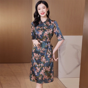 纯苎麻复古文艺法式方领显瘦减龄气质洋气黄色蓝色碎花印花连衣裙图片