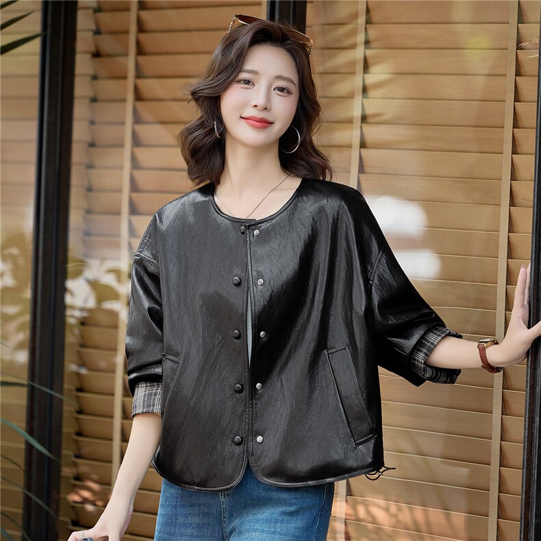 复古格纹拼接咖色皮衣短外套女2025秋季新款百搭圆领pu皮夹克上衣,女装皮衣,贝蕾酷儿