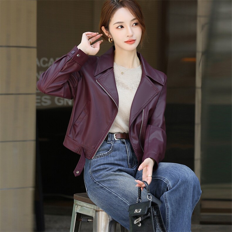 翻领港味休闲宽松显瘦时尚百搭短款皮衣外套女2024秋季新款皮夹克，女装皮衣，欧兰熙