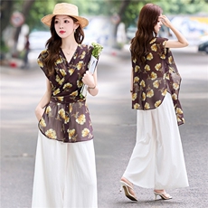 2025夏季新款设计感气质法式复古印花收腰衬衫阔腿裤两件套，女装套装/套裙，妙形