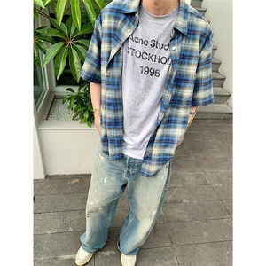 Vintage美式复古蓝色慵懒格子情侣衬衫男女夏季短袖宽松休闲外套图片