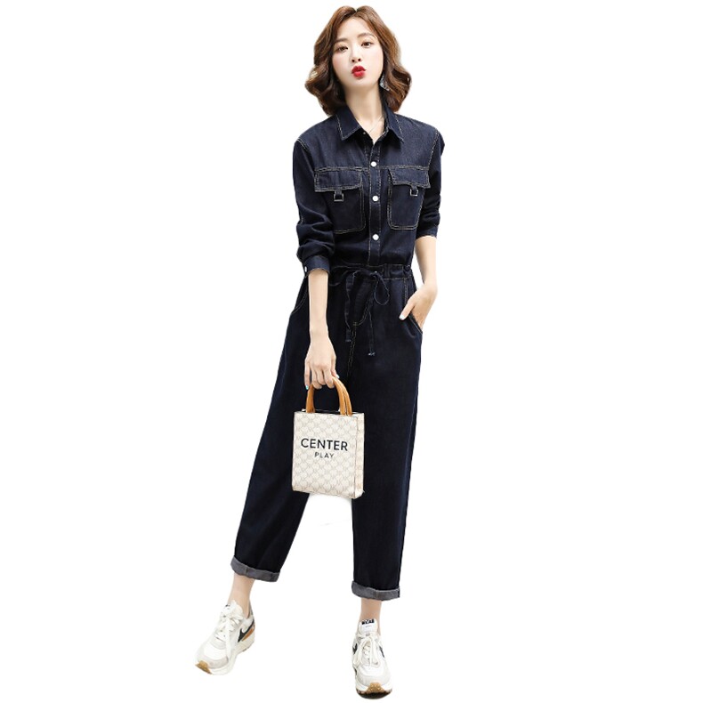 连体裤女2025春秋时尚简约收腰显瘦休闲炸街百搭衬衫领工装连衣裤,女装套装/套裙,E百度