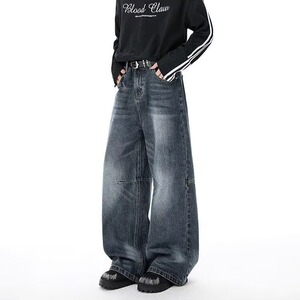潮牌美式水洗做旧弯刀牛仔裤男女复古宽松潮流百搭阔腿裤图片